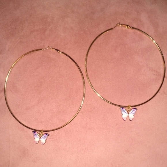 Oversized Gold Pink Butterfly Charm Hoop Earrings XL Big KATTA Hoops Butterflies - Picture 2 of 9